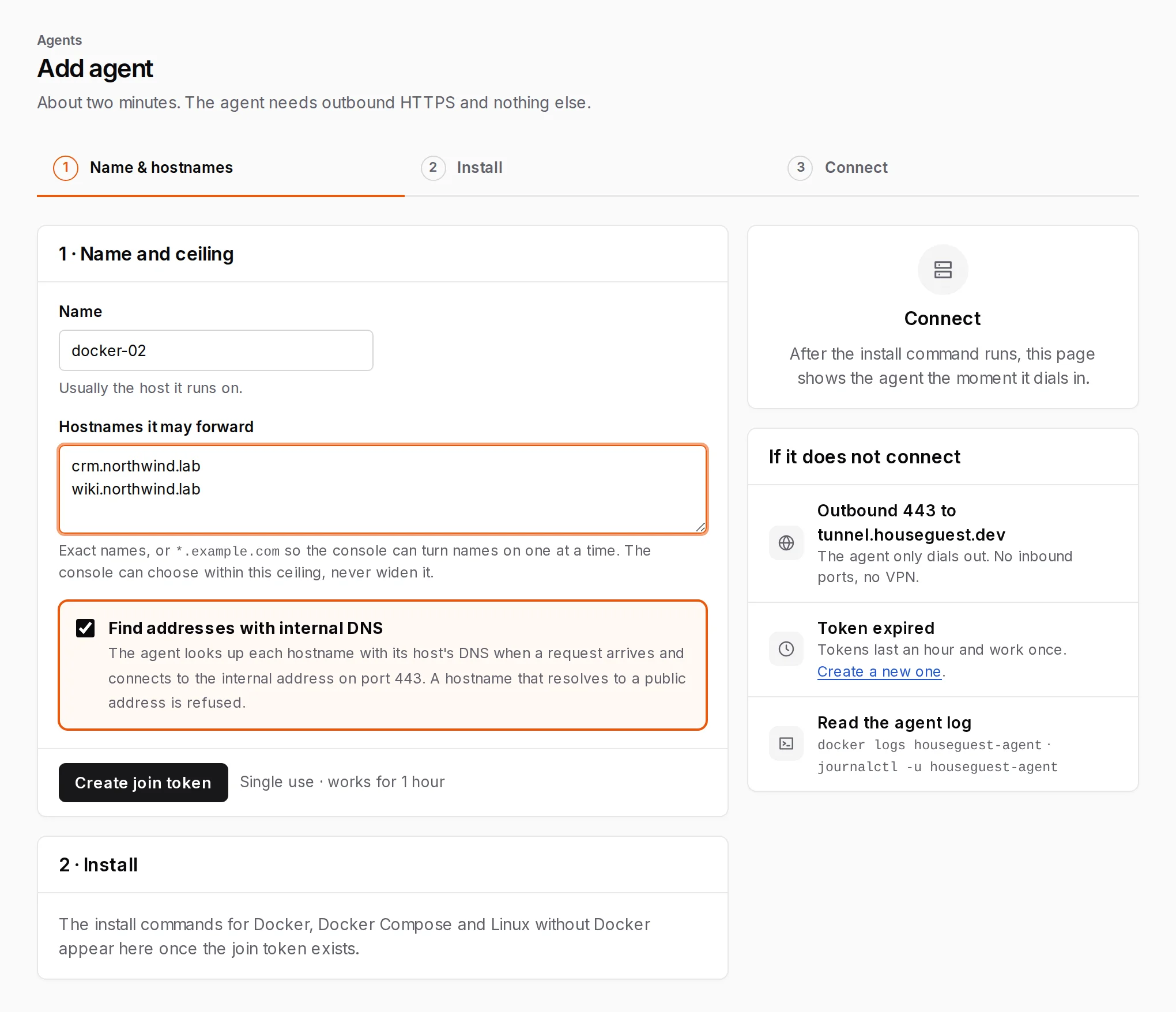 Add agent, before a join token exists: the name, the hostnames it may forward, and Find addresses with internal DNS ticked