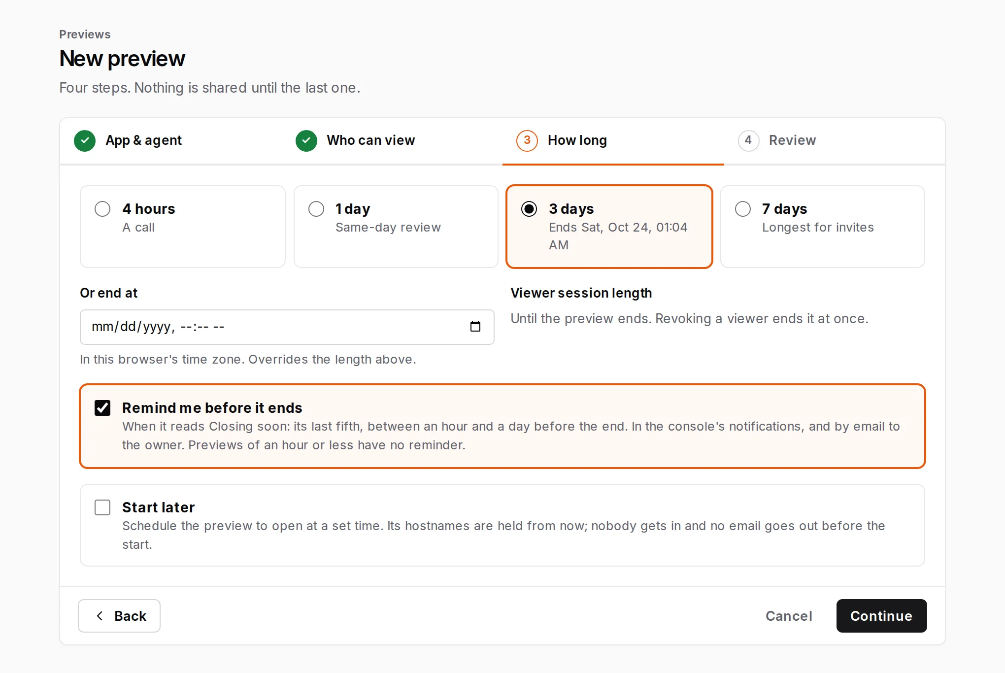 New preview, step 3: 3 days chosen, Or end at, and Remind me before it ends ticked