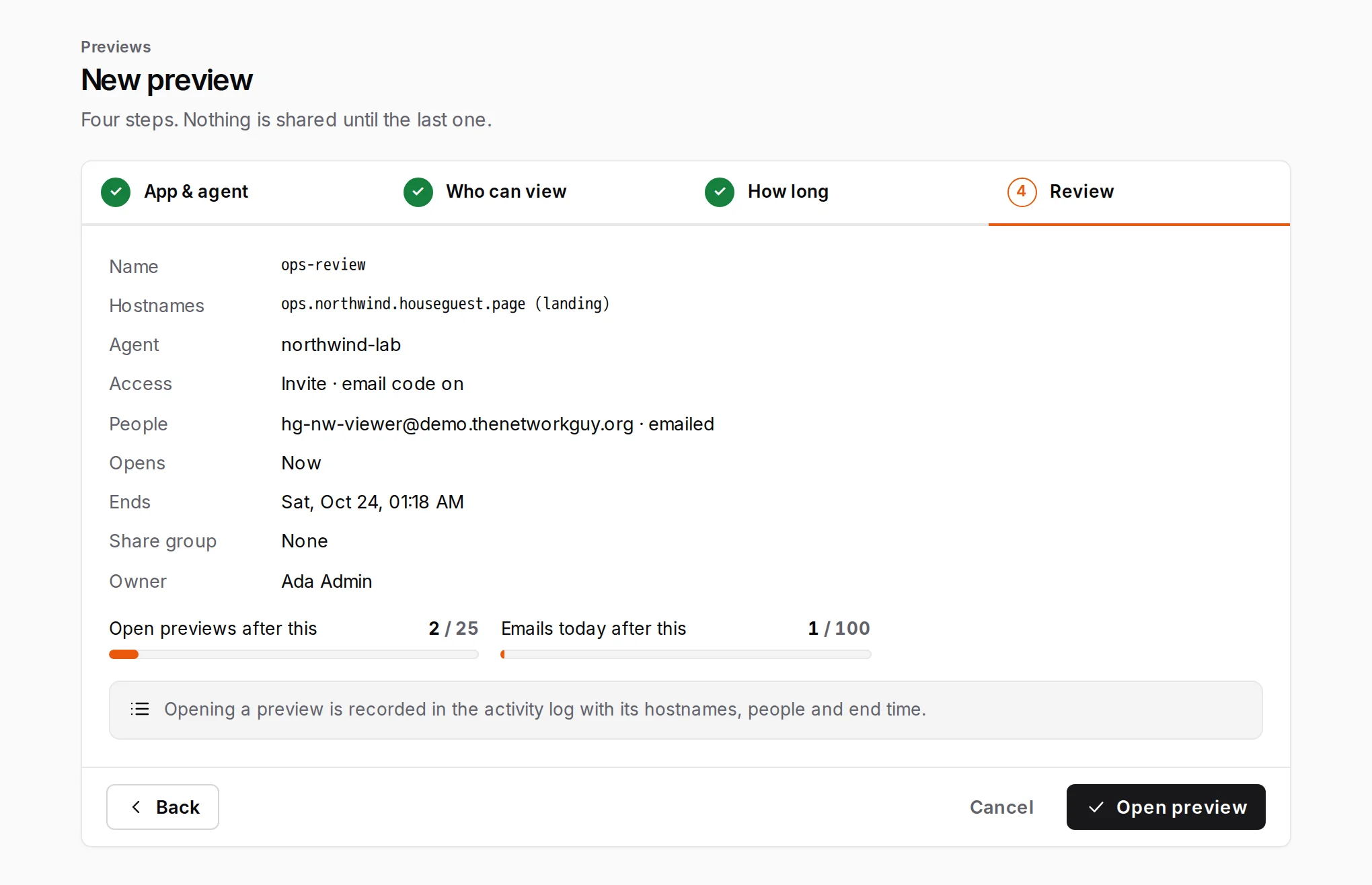 New preview, step 4: the review of name, hostname, agent, access, people and end time, with Open preview