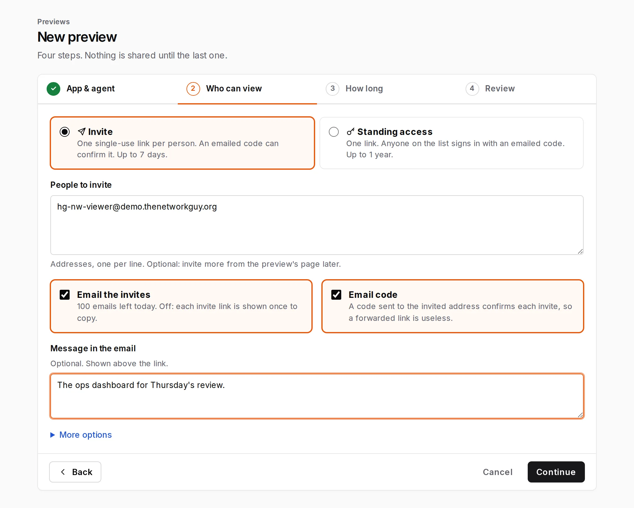 New preview, step 2: Invite chosen, one person to invite, Email the invites and Email code ticked, and a message